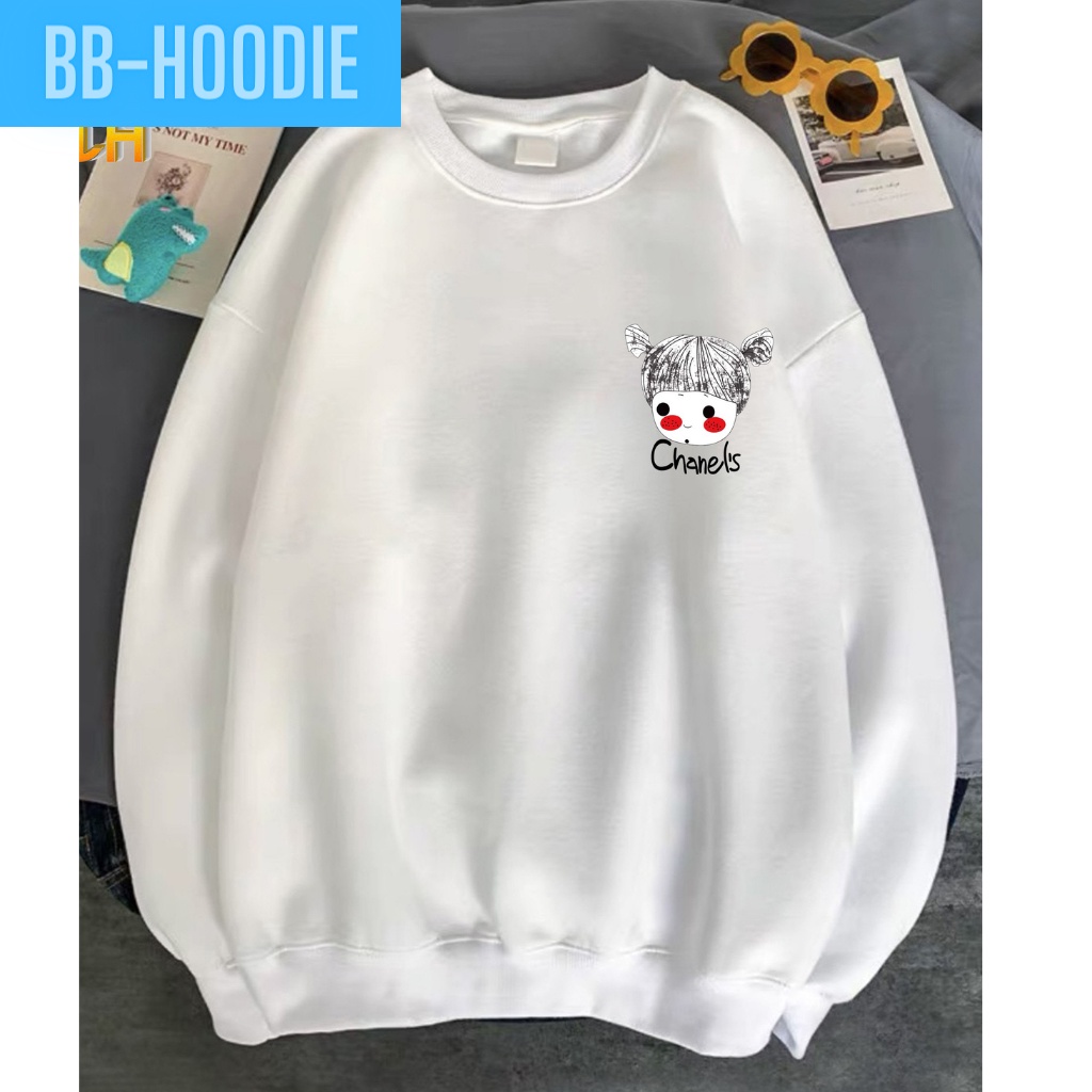 Áo sweater nỉ unisex nữ in hình cô gái buột tóc chất vải nỉ poly hai lớp dày dặn