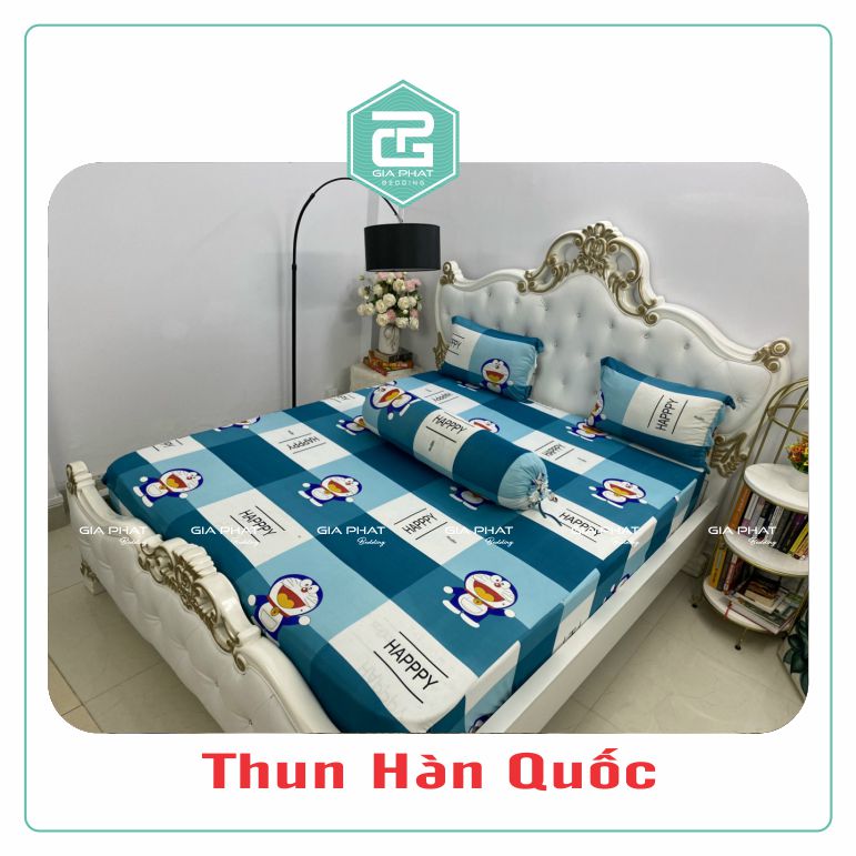 Bộ ga gối Thun Lạnh Hàn Quốc {4 món} họa tiết Doremon (1 ga bọc + 2 vỏ gối nằm + 1 vỏ gối ôm)