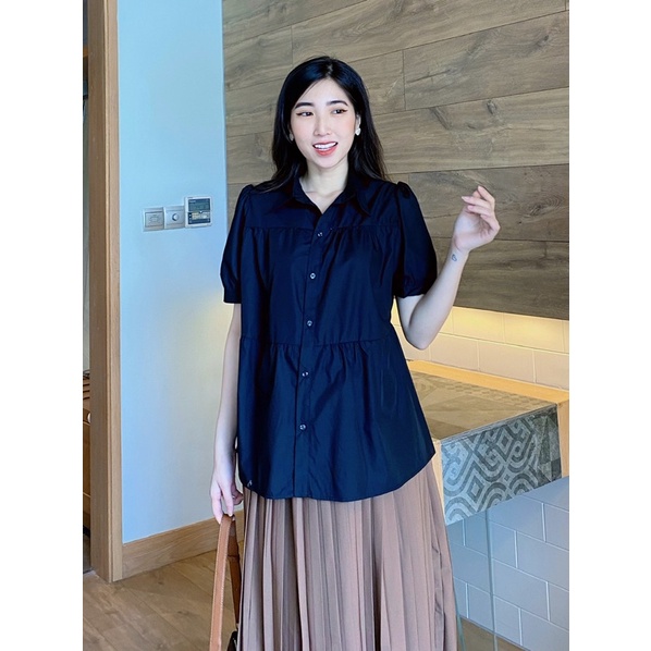 Áo bầu Sơ mi trắng babydoll trẻ trung