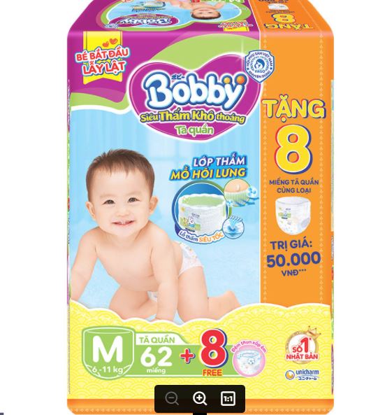 Bỉm quần Bobby siêu thấm khô thoáng M62+8 miếng (6-10kg)