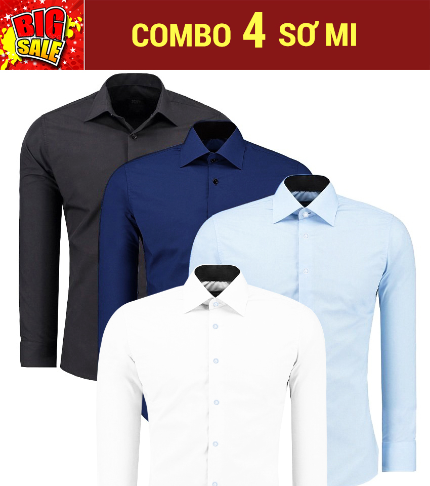 Sơ mi nam bộ COMBO 4 áo (đen + xanh đậm + xanh nhạt + trắng) lịch lãm