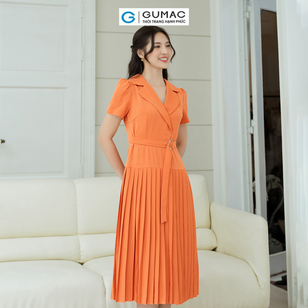 Đầm nữ dáng A cổ danton GUMAC DD08016 dập ly, eo phối dây khoen kiểu