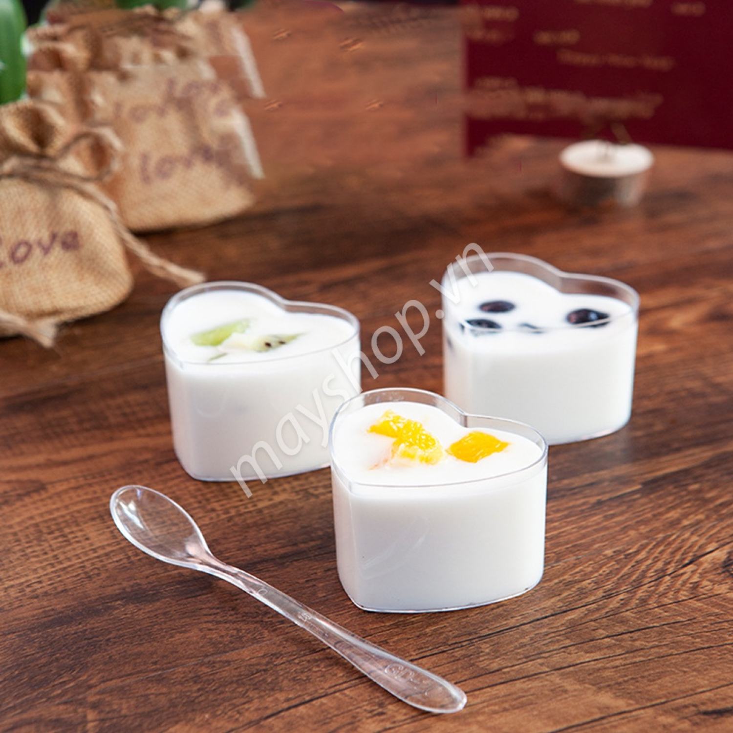 10 cốc mica đựng Mousse, Tiramisu hình Tim 7745 kèm nắp