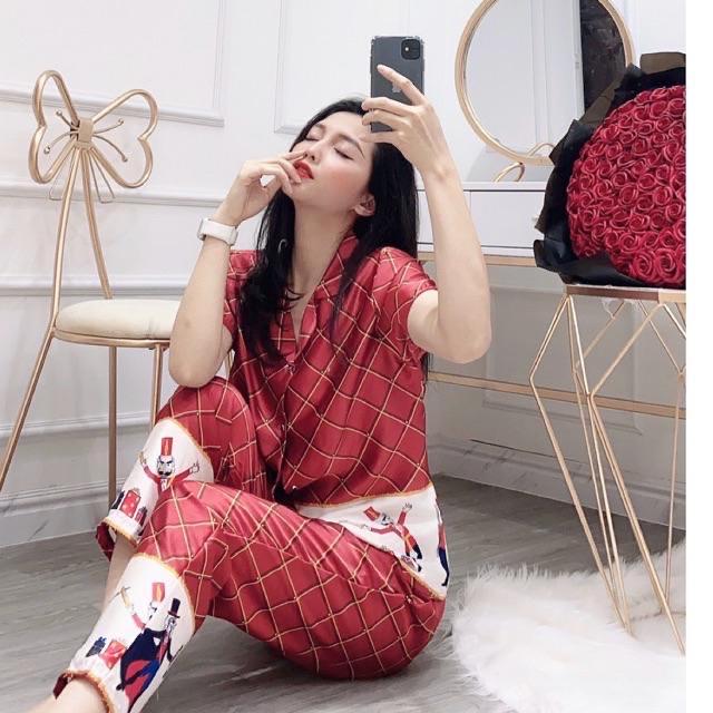 Pijama lụa satin , đồ mặc nhà nữ in 3D lính chì
