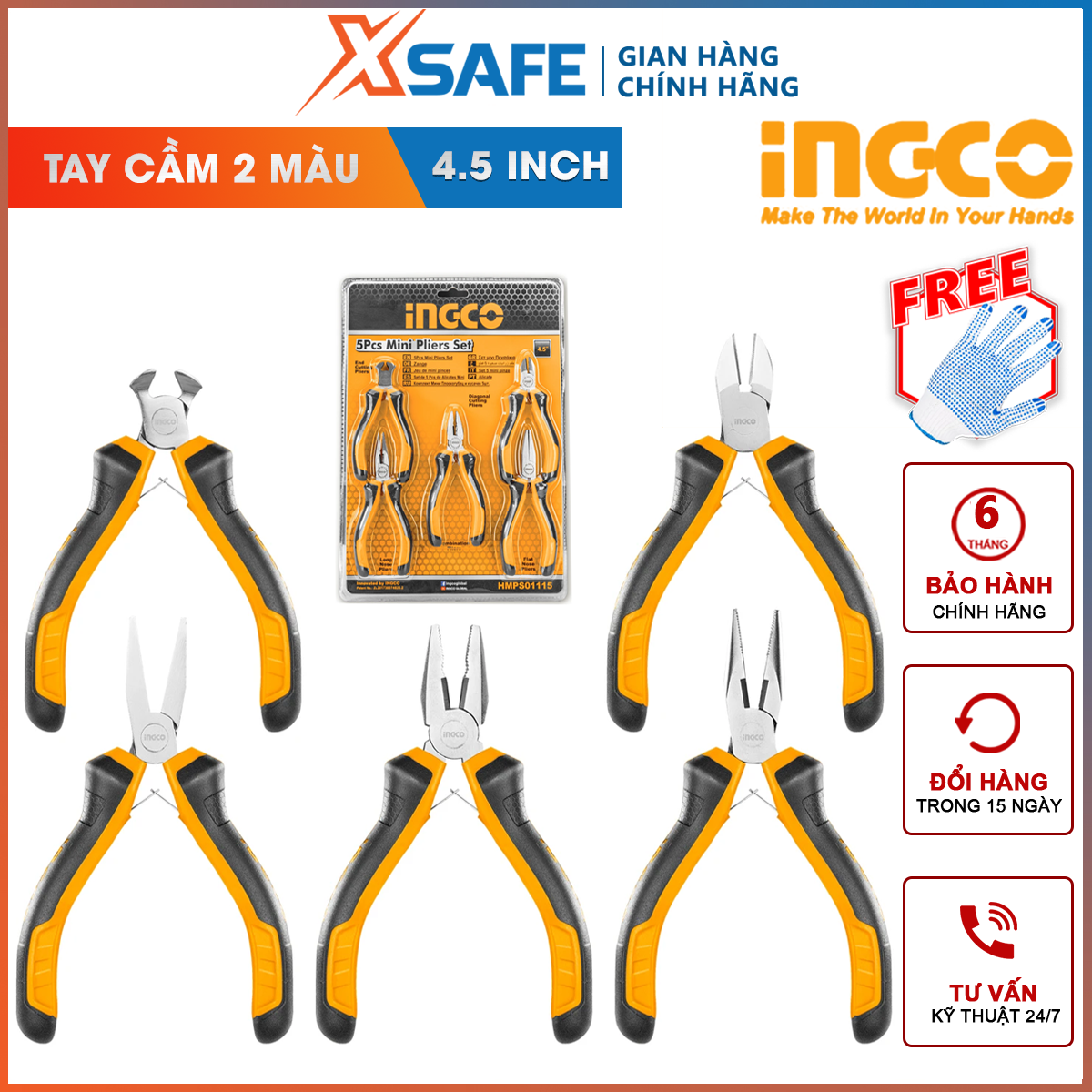 Bộ kìm mini làm trang sức 6 chi tiết INGCO HMPS06115 | Bộ kềm đa năng kích thước 4.5 inch gồm 6 kìm Kềm răng, Kềm cắt đứt, Kềm cắt, Kềm mũi nhọn,cắt, kẹp, tuốt các loại dây cáp, dây điện, dây kim loại