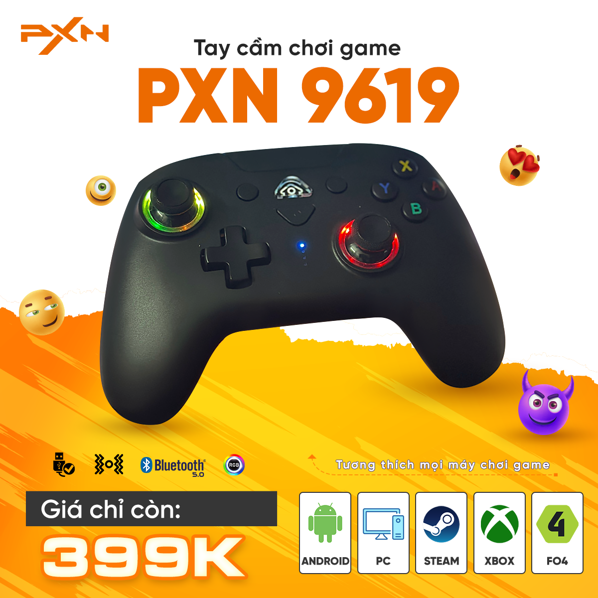 Tay game PXN 9619 RGB Bluetooth không dây Playstation / Xbox / Switch / PC / Windows / Android / iPhone / iPad / MacOS