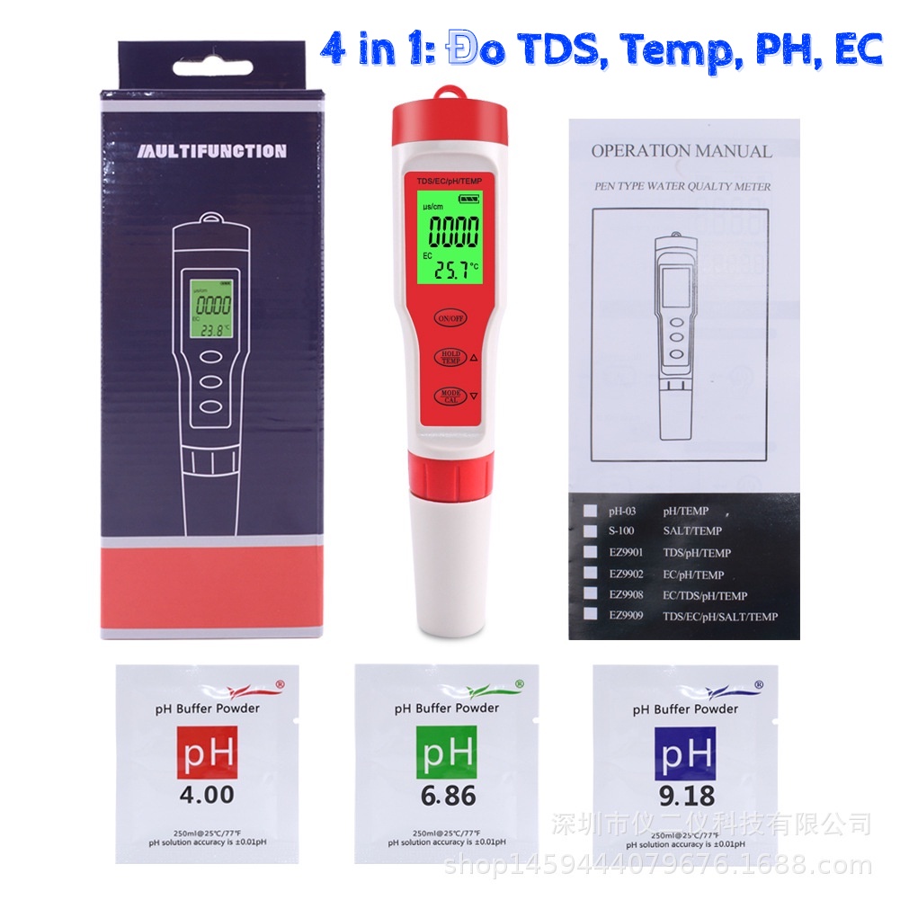 Bút kiểm tra chất lượng nước, đo độ mặn nước 5 là 1 pH/TDS/EC/độ mặn/nhiệt độ, kèm theo 3 gói pH tiêu chuẩn