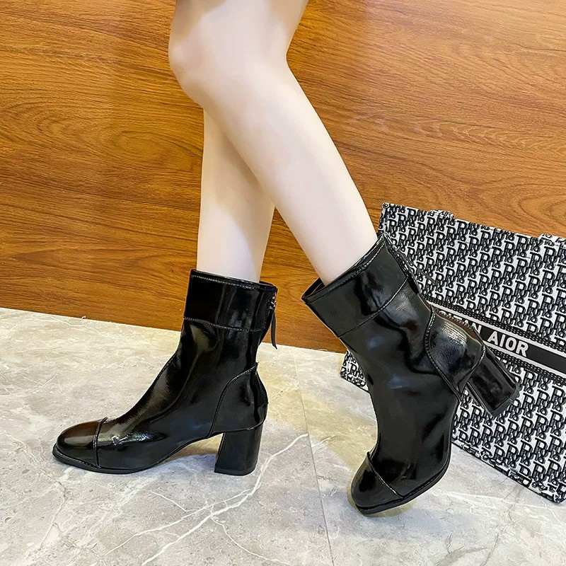 [Hoàn Tiền 15%]Bốt nữ da bóng mũi tròn cao cấp đế 5p siêu hot