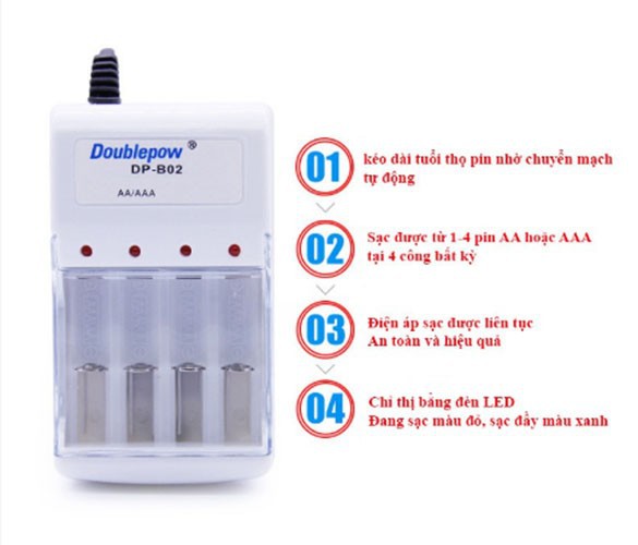 Bộ sạc 4 pin tiểu pin đũa AA-AAA Doublepow DP-B02