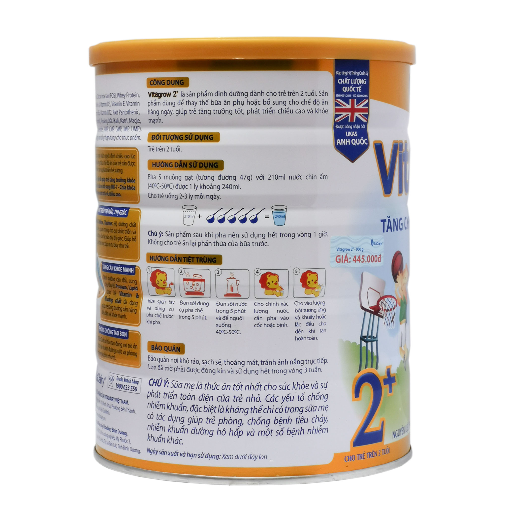 Sữa Bột Vitadairy Vitagrow 2+ Hộp 900g (Tăng chiều cao vượt trội; Cho trẻ 2 tuổi)