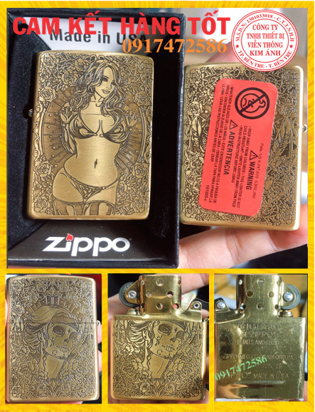 Bật lửa zippo mạ chrome khắc chìm 5 mặt, hình thiếu nữ tóc xoăn - ruột vàng