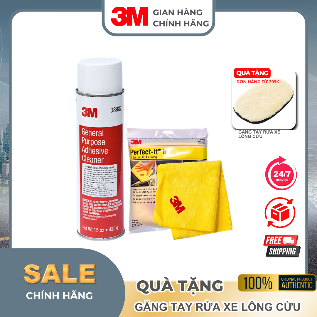 Smart combo Dung dịch tẩy keo, nhựa đường 3M™ 08987 + Khăn lau xe hơi chuyên dụng 50400