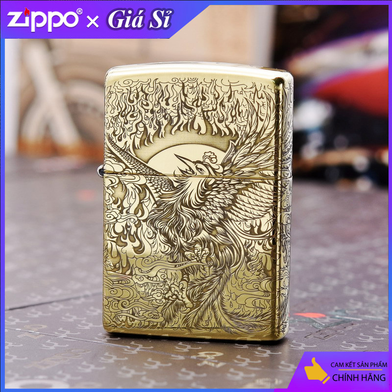 Bật lửa Zippo khắc Phượng Hoàng Tái Sinh bản tiêu chuẩn màu đồng bóng