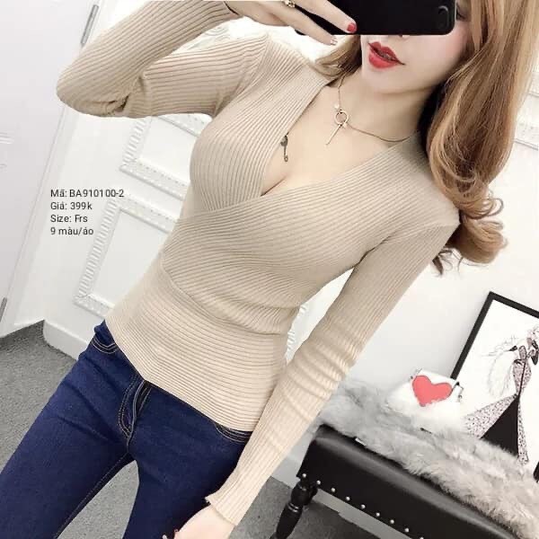 Áo thun tay dài cổ v kiểu đắp chéo thời trang thu đông ttsl0236