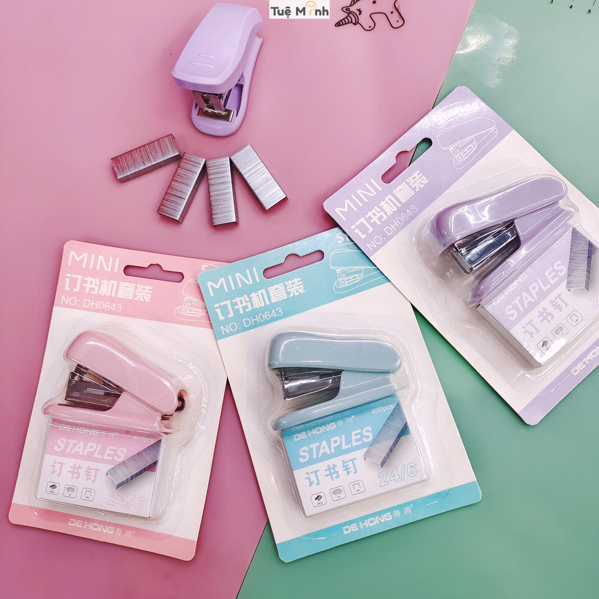 Dập ghim mini pastel k72 kèm 400 đạn ghim sẵn, vpp tueminh đồ bấm kim giấy kẹp ghim tiện lợi