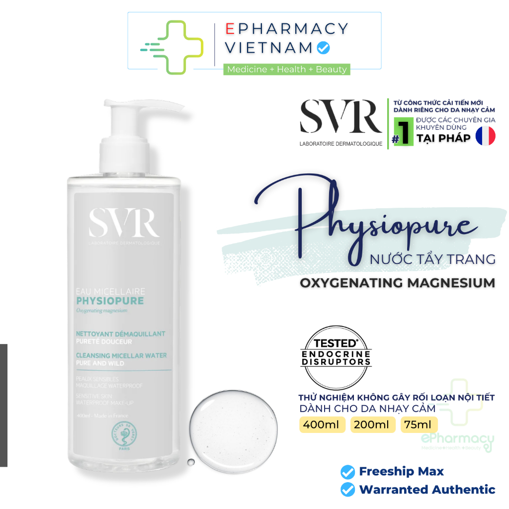 Nước tẩy trang dịu nhẹ dành cho mặt, mắt và môi SVR Physiopure Eau Micellaire 75ml - 200ml - 400ml