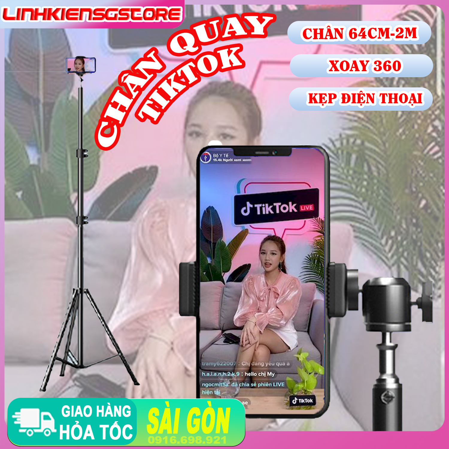 Cây live tik tok livestream chân đứng 2m bi cầu q29 kẹp điện thoại HẠ