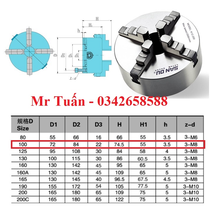 Mâm cặp 4 chấu 100mm K12-100
