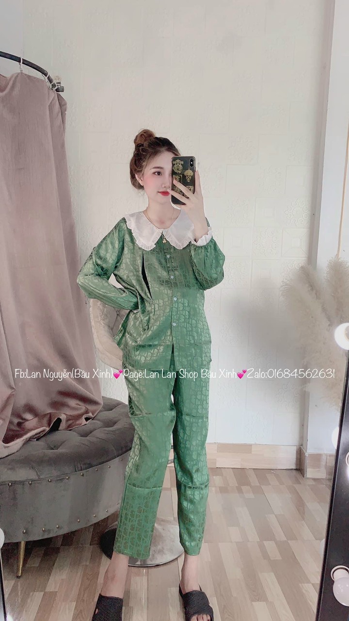 Bộ đồ bầu đẹp giá rẻ - bộ sau sinh chất đũi lụa thiết kế cổ trắng có khóa cho bé ti tiện lợi