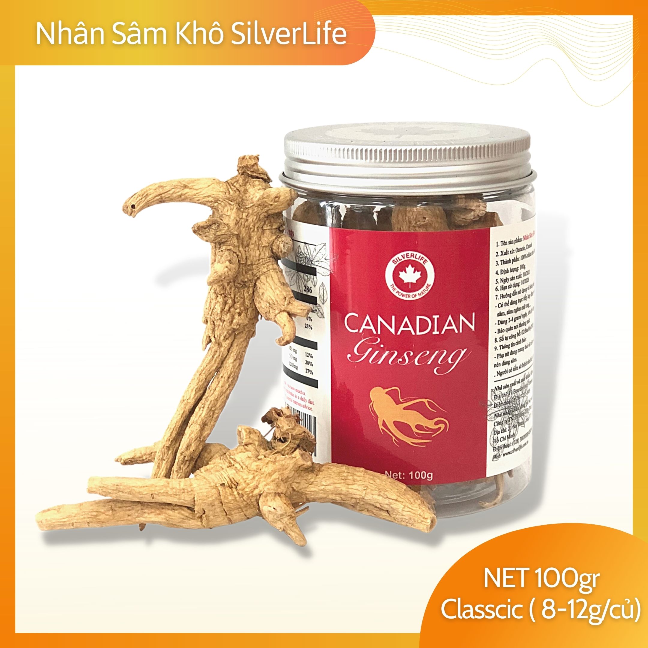 Nhân Sâm Khô Canada SilverLife hũ 100gr| Nhân Sâm 5 năm tuổi| Trọng lượng 8-12gr/củ | Siêu tiết kiệm