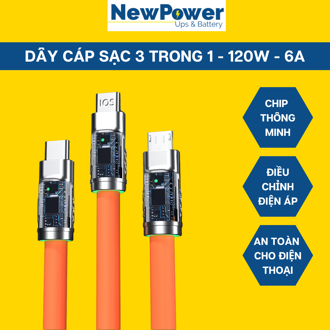 Dây cáp sạc iphone, type C, micro USB, cáp sạc 3 đầu 120W, 6A