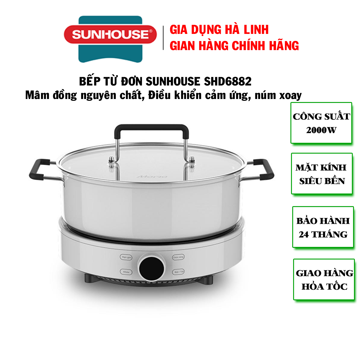 Bếp điện từ cảm ứng Sunhouse Mama SHD6882 - Bếp từ Sunhouse, Bếp điện từ sunhouse, Mặt kính siêu bền, công suất 2000W với 9 mức linh hoạt, Bếp từ đơn tặng nồi lẩu vung kính, Bảo hành 24 tháng