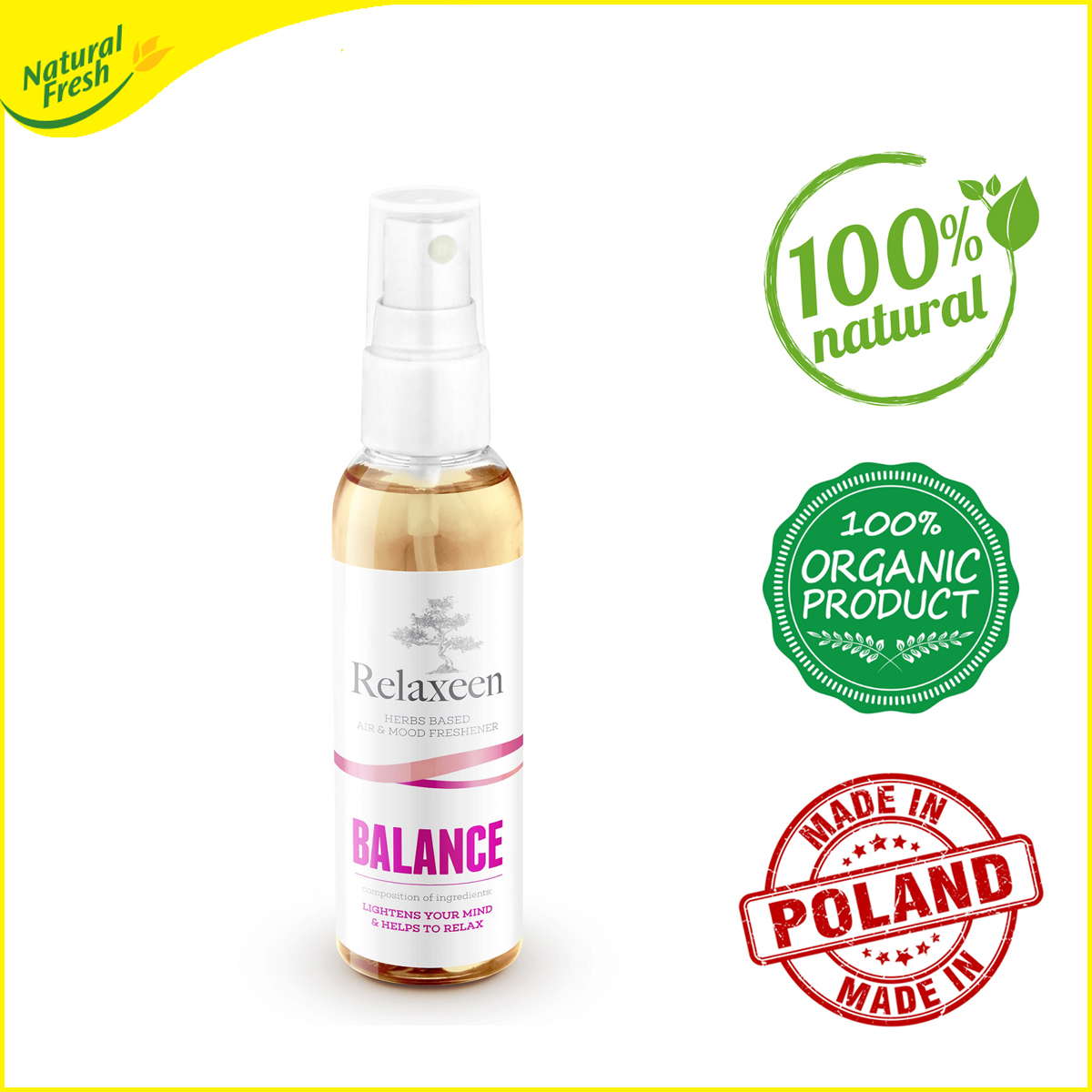 Bình xịt tinh dầu thảo mộc hương xả giúp thư giản Natural Fresh Balance RX075 - Nhiều mùi hương dễ chịu, nhập khẩu Ba Lan, tinh dầu Pháp