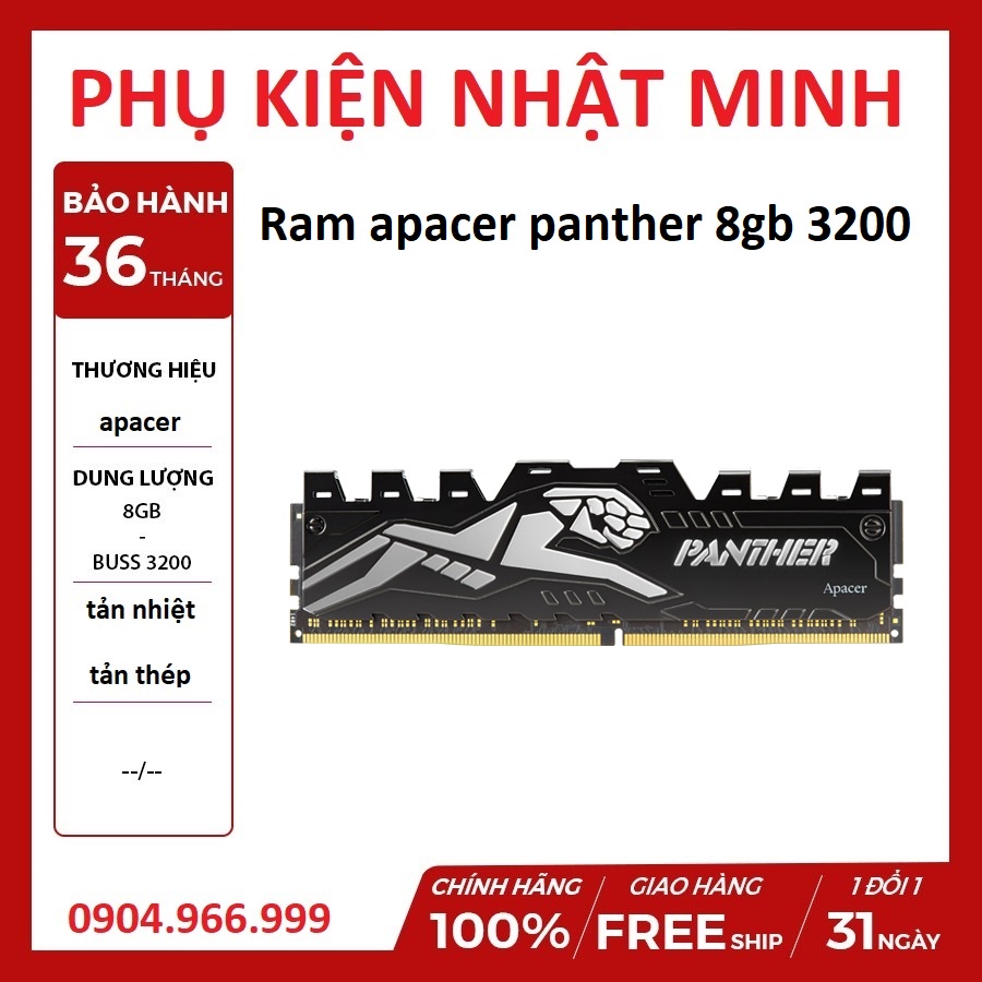 Ram máy tính PC apacer panther 8gb 3200 tản nhiệt siêu đẹp chính hãng vĩnh