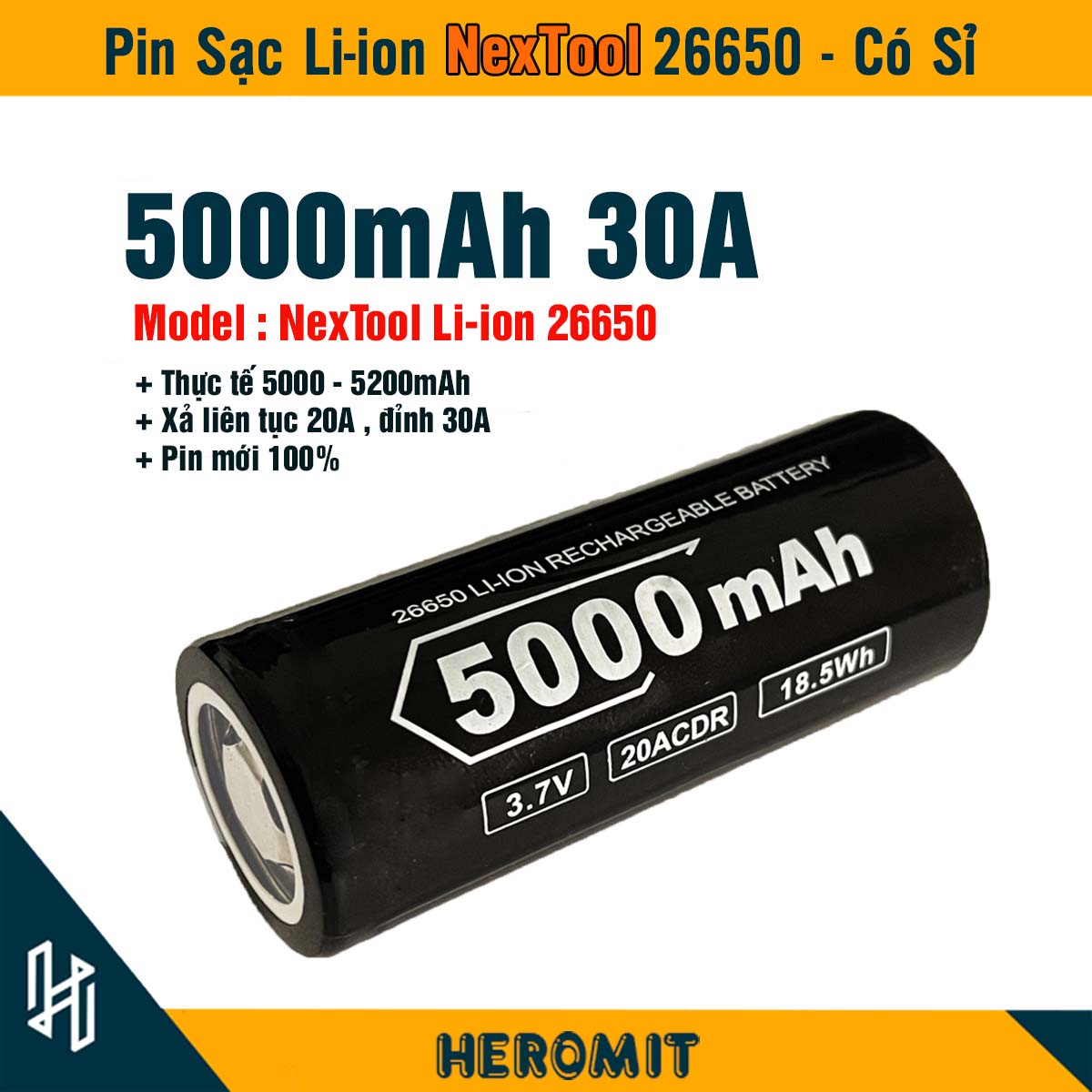 Pin 26650 5000mAh NexTool xả 30A , Pin đèn siêu sáng