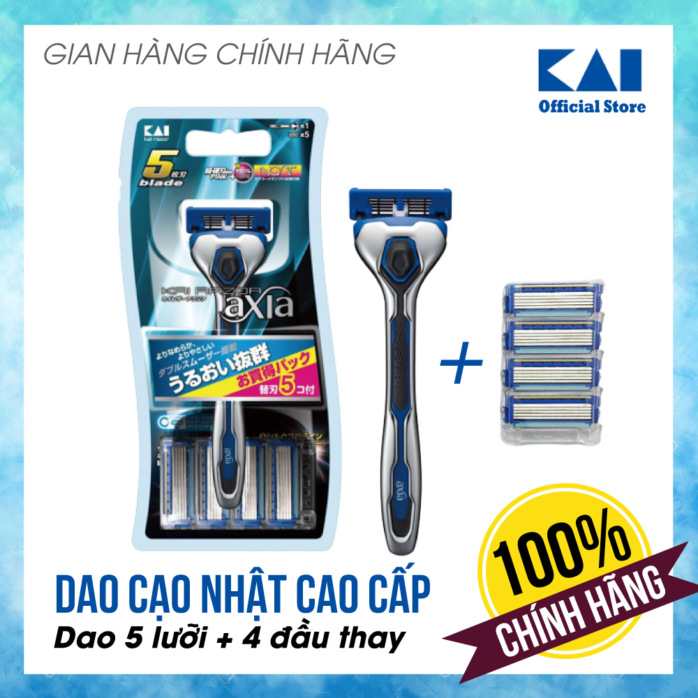 Dao cạo râu cao cấp Nhật Bản KAI Axia+4 thiết kế 5 lưỡi ưu việt kèm 4 đầu thay | Lưỡi titan an toàn đầu xoay linh hoạt | Gian hàng chính hãng