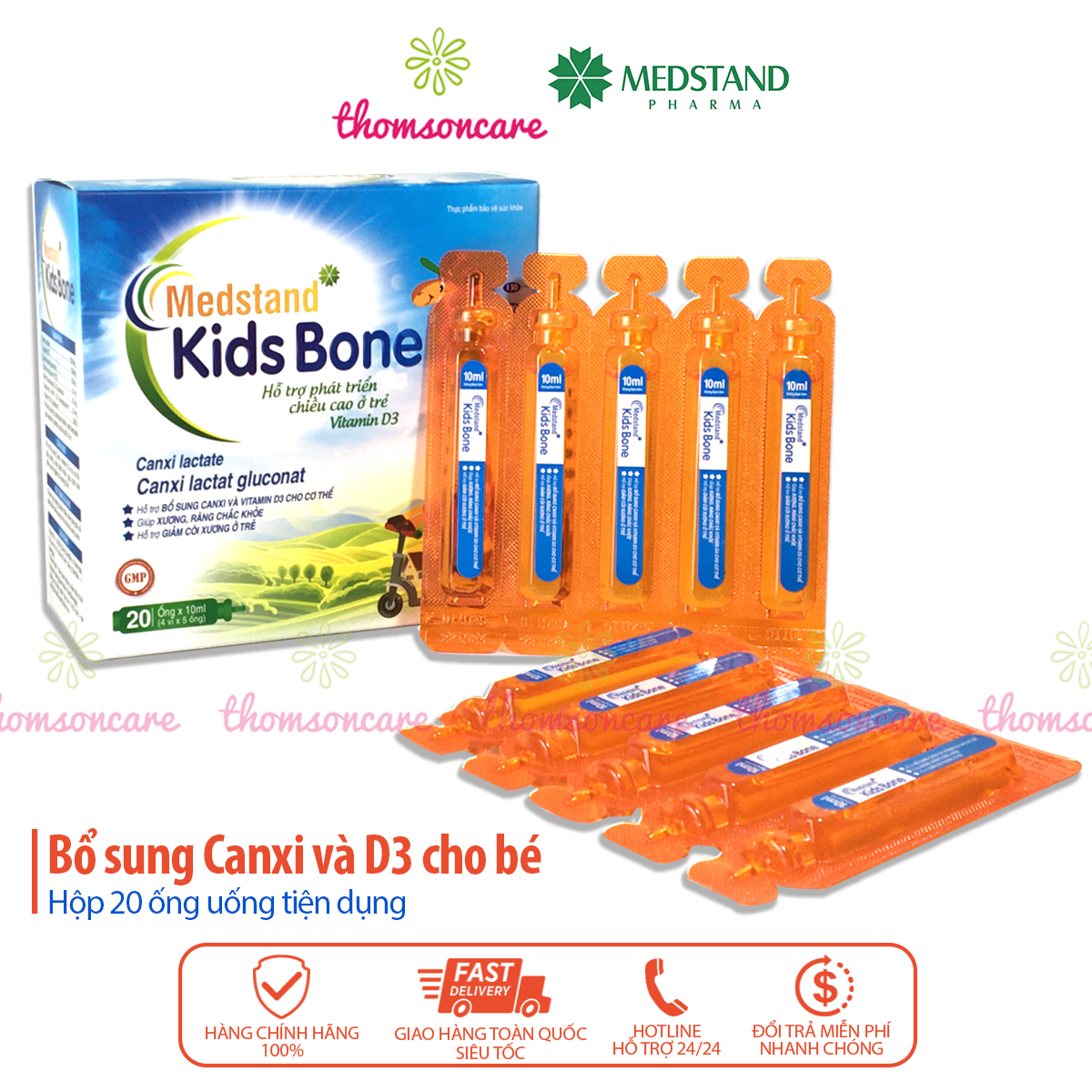 Bổ sung Canxi và D3 Medstand Kids bone 20 ống uống tăng tối đa chiều cao ở