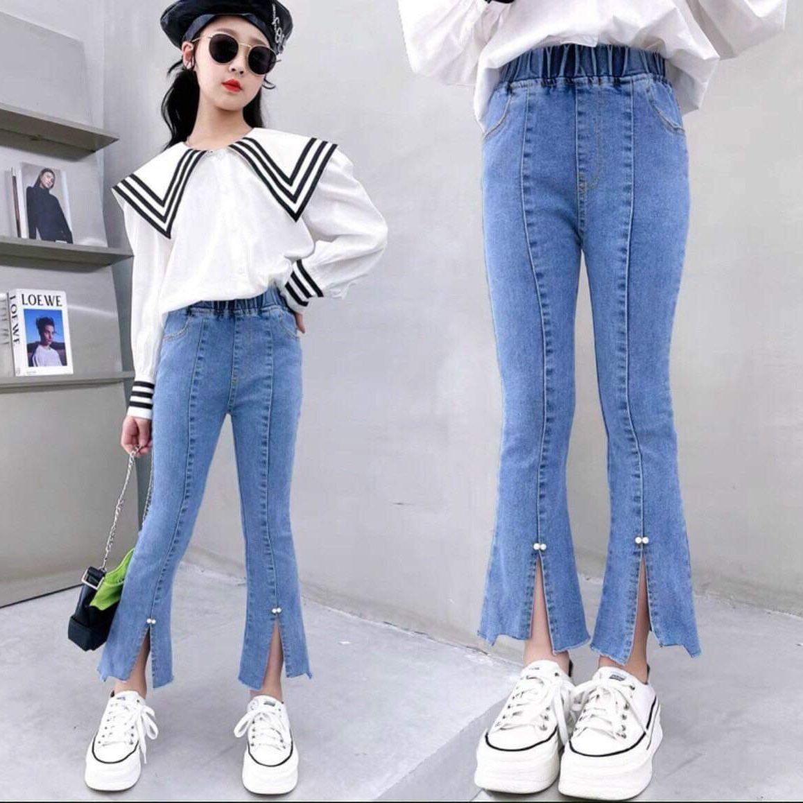 Quần jeans dài ống loe cực xinh cho bé gái 16-43kg