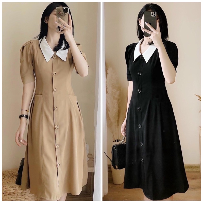 Đầm nút trước cổ trắng 2 màu