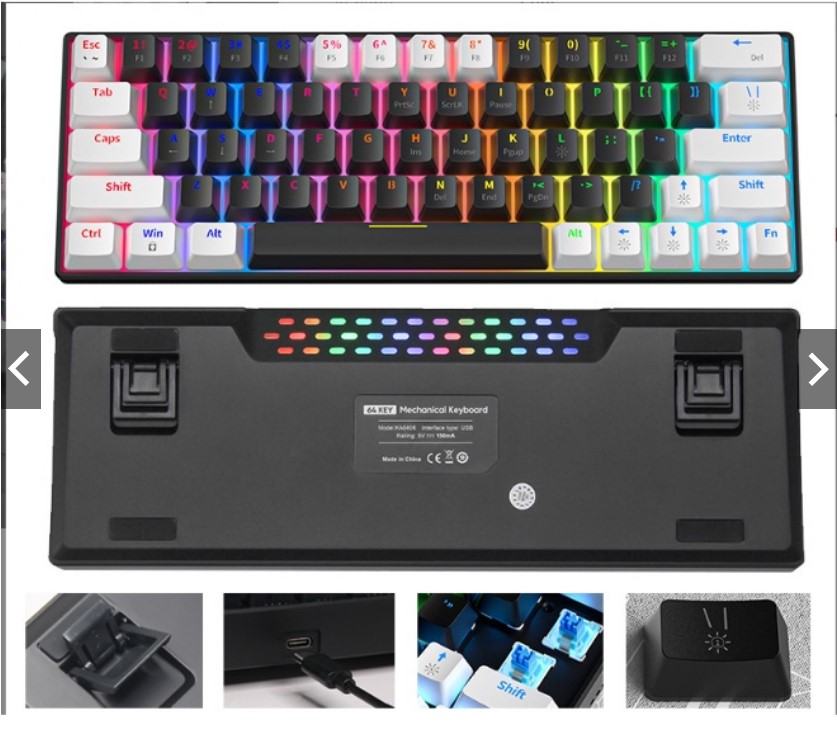 Bàn phím cơ KA6406 led RGB nhiều chế độ, red/blue switch nhỏ gọn tiện dụng sử dụng nhiều thiết bị