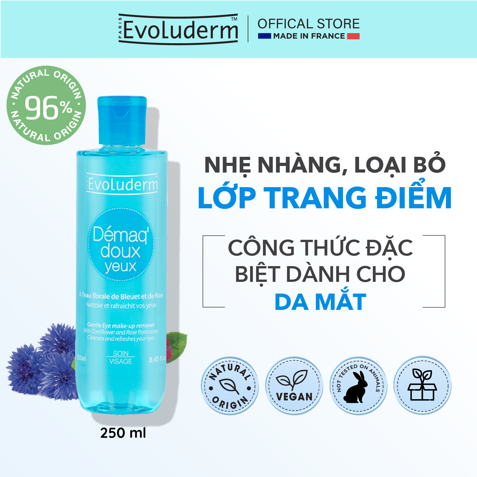 [Từ 26.12-03.01-Quà cho đơn hàng 139k] Nước Tẩy trang dịu nhẹ cho mắt Evoluderm 250ml