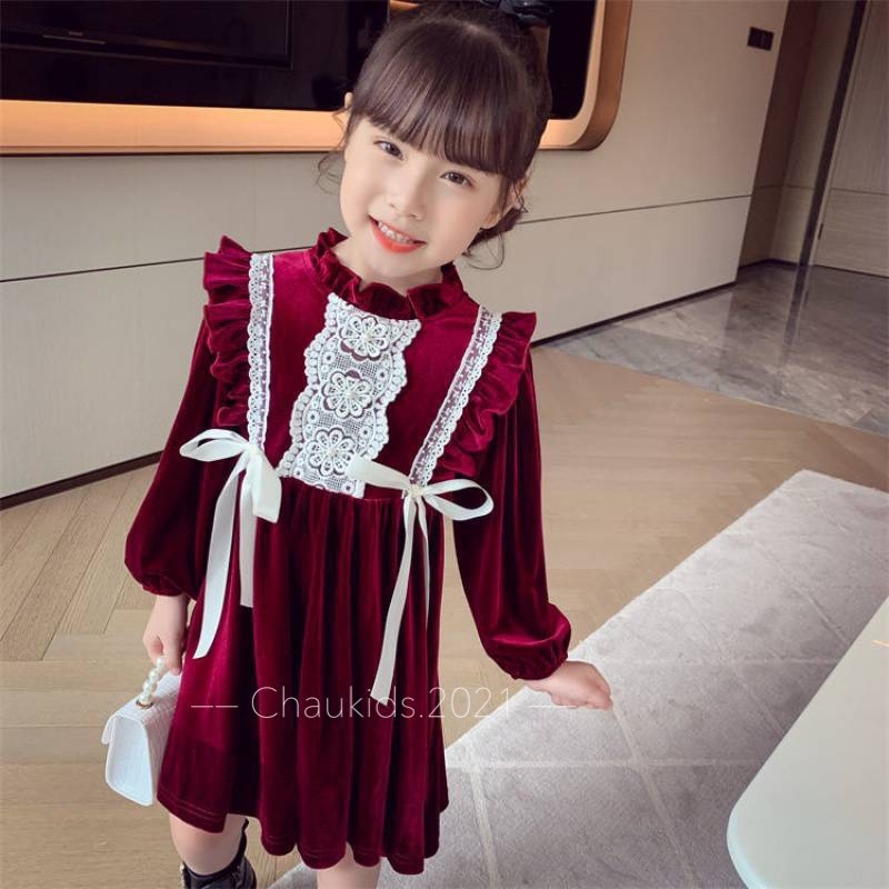 ♗✵  Váy nhung màu đỏ đậm bé gái