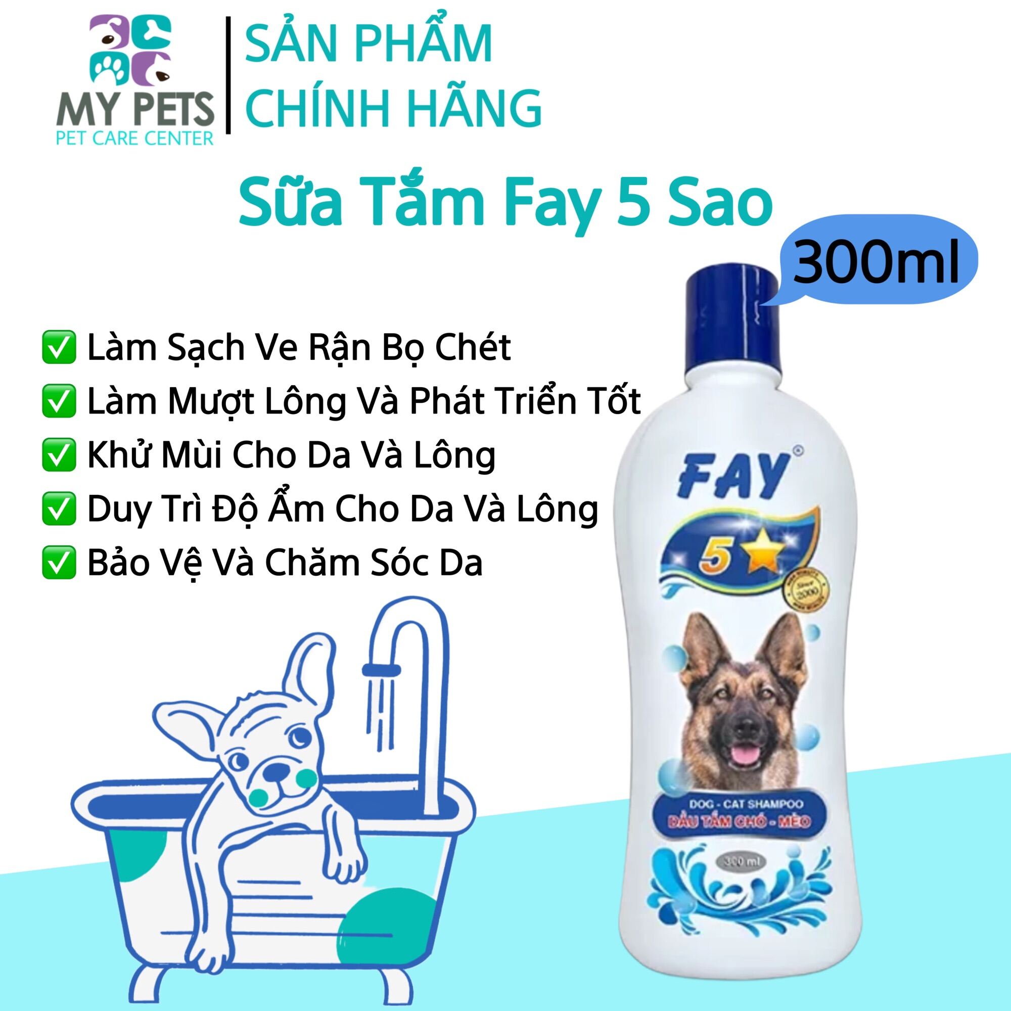 Sữa tắm Fay 5 sao vệ sinh da lông hỗ trợ làm sạch ve rận bọ chét duy trì độ ẩm giúp lông suôn mượt khử mùi hôi. - Fay 5 sao 300ml
