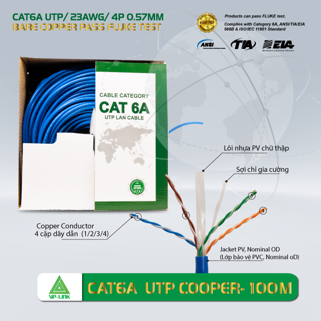 Cuộn 100m Cáp Mạng VSP CAT6A UTP