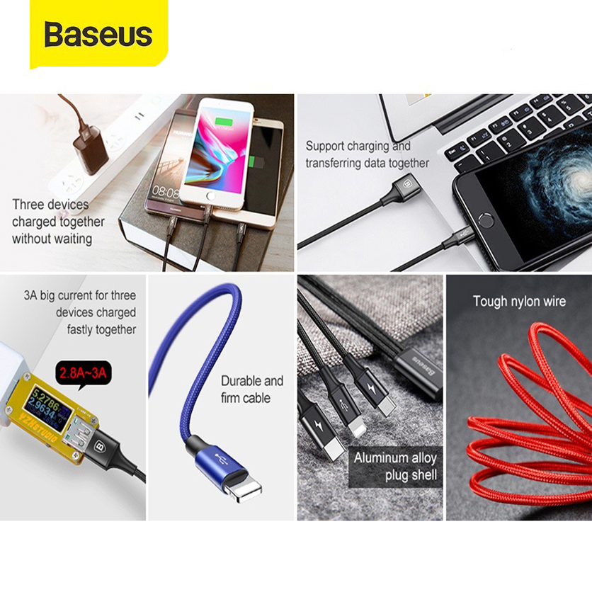Cáp sạc Baseus 3 Đầu bọc dù USB sang Lightning Iphone - Type C - Micro bọc dù 3.5A Rapid Series 3in1 đa dụng siêu bền