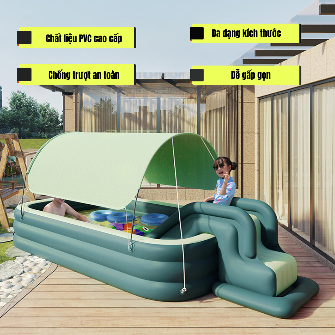 Bể bơi phao 4 mùa có mái che KAW,  bể bơi có cầu trượt phao bền đẹp, chống trượt, nhiều kích thước
