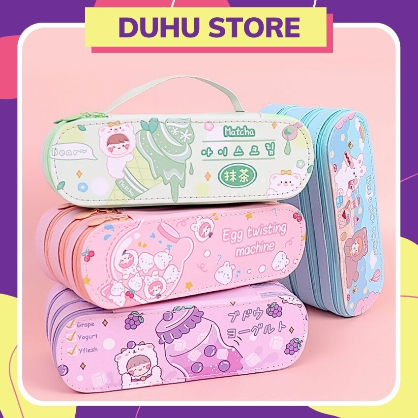 Hộp Bút Da PU 3 Tầng Tặng Sticker Đa Năng Hình Cute Có Quai Xách - Bóp Viết Đẹp To 3 2 Ngăn Đựng Mỹ Phẩm, Văn Phòng Phẩm DUHU HBD61 HBD60