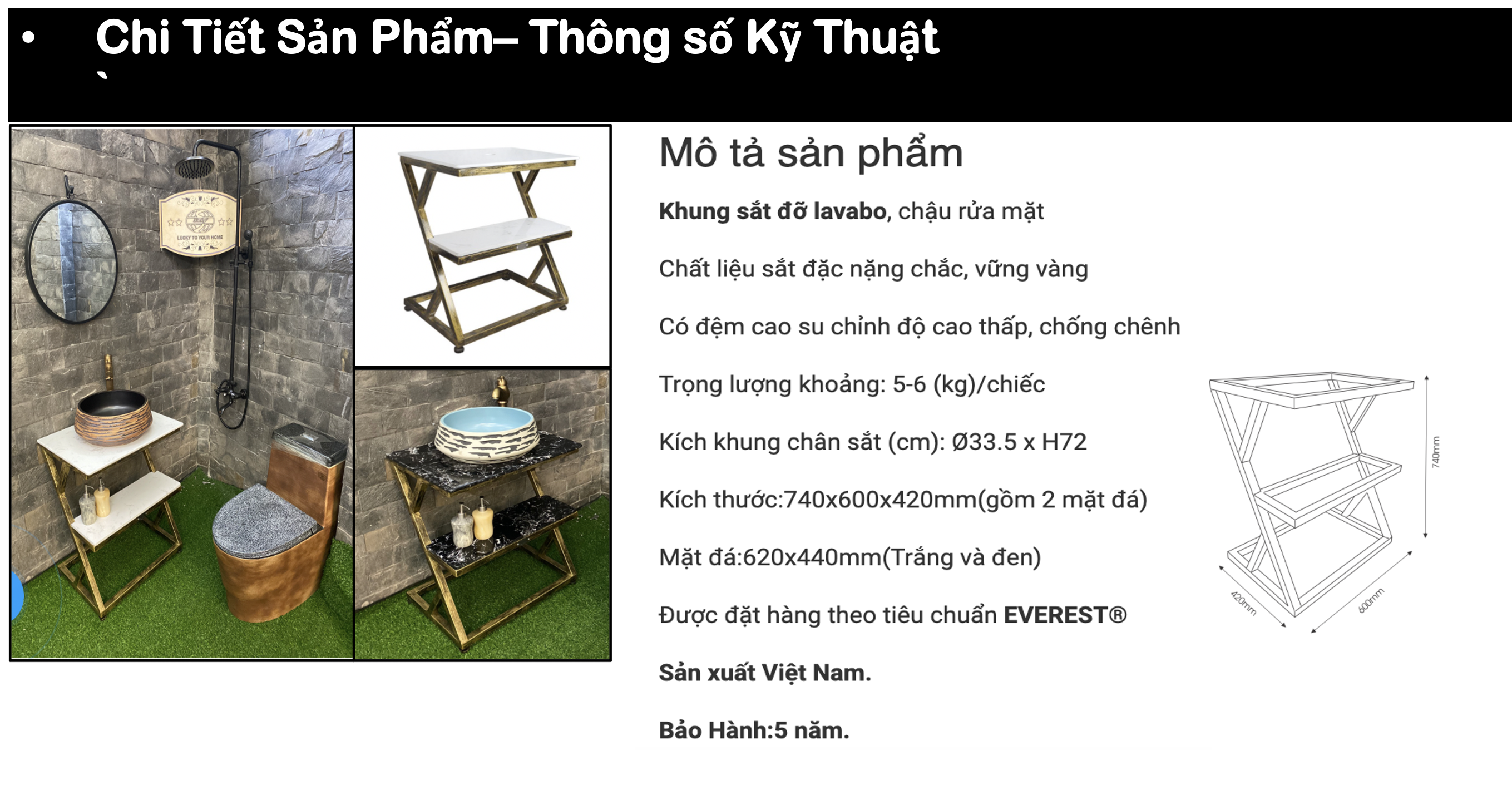 kệ để lavabo - Kệ sắt mỹ thuật ( Mặt đá 2 màu đen & trắng)