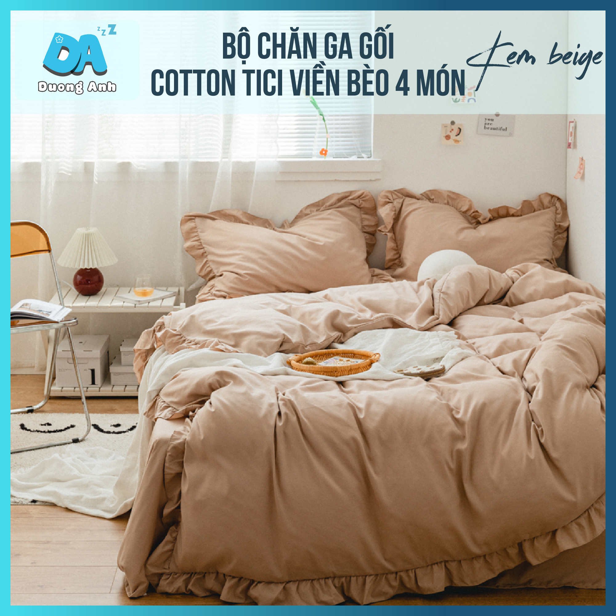 Bộ chăn ga gối nệm bộ chăn ga gối cotton tici viền bèo 4 món - Màu kem beige hàn quốc, ga nệm trải giường nhiều kích thước khác nhau và nhiều mẫu mã