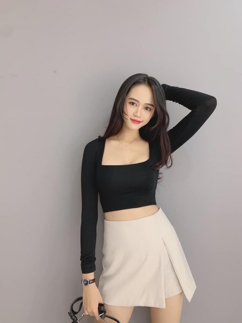 [KÈM VIDEO] Áo thun lụa cổ vuông tay dài ôm body form chuẩn dáng