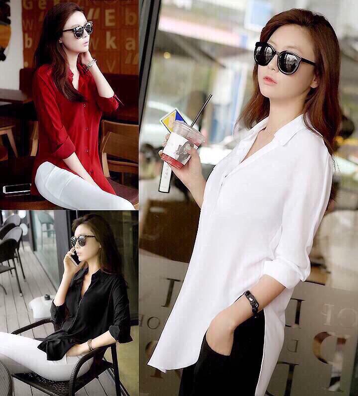 Áo sơ mi form dài xẻ eo dv2036