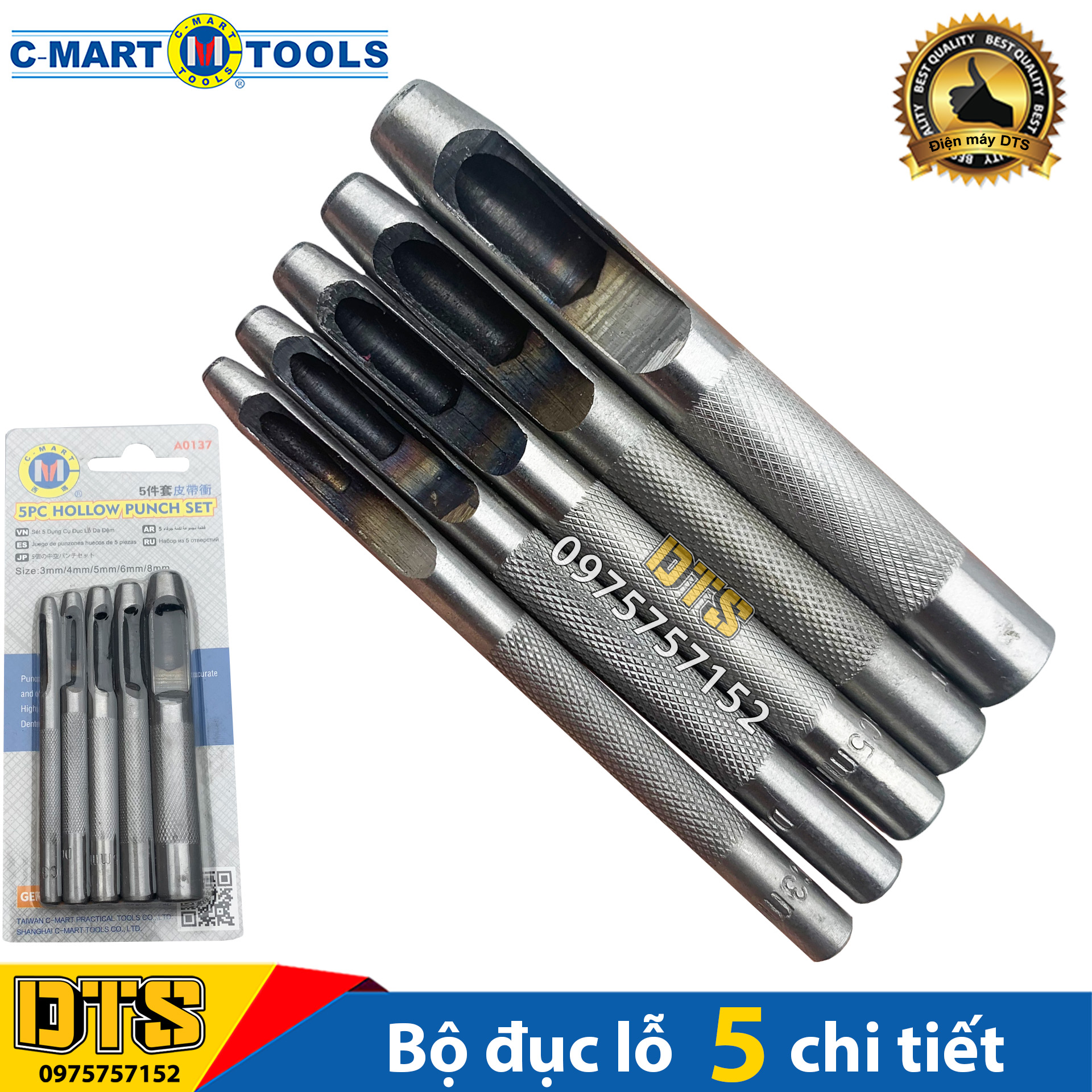Bộ đục lỗ chuyên dụng C-MART, bộ dụng cụ 5 chi tiết 3-8mm đục lỗ tròn trên da, đinh đột lỗ thắt lưng, vải, ron cao su, đột lỗ gioăng cao su, thép Carden siêu cứng, sắc nét, bộ đục rãnh, thép đúc nguyên khối, gia công CNC