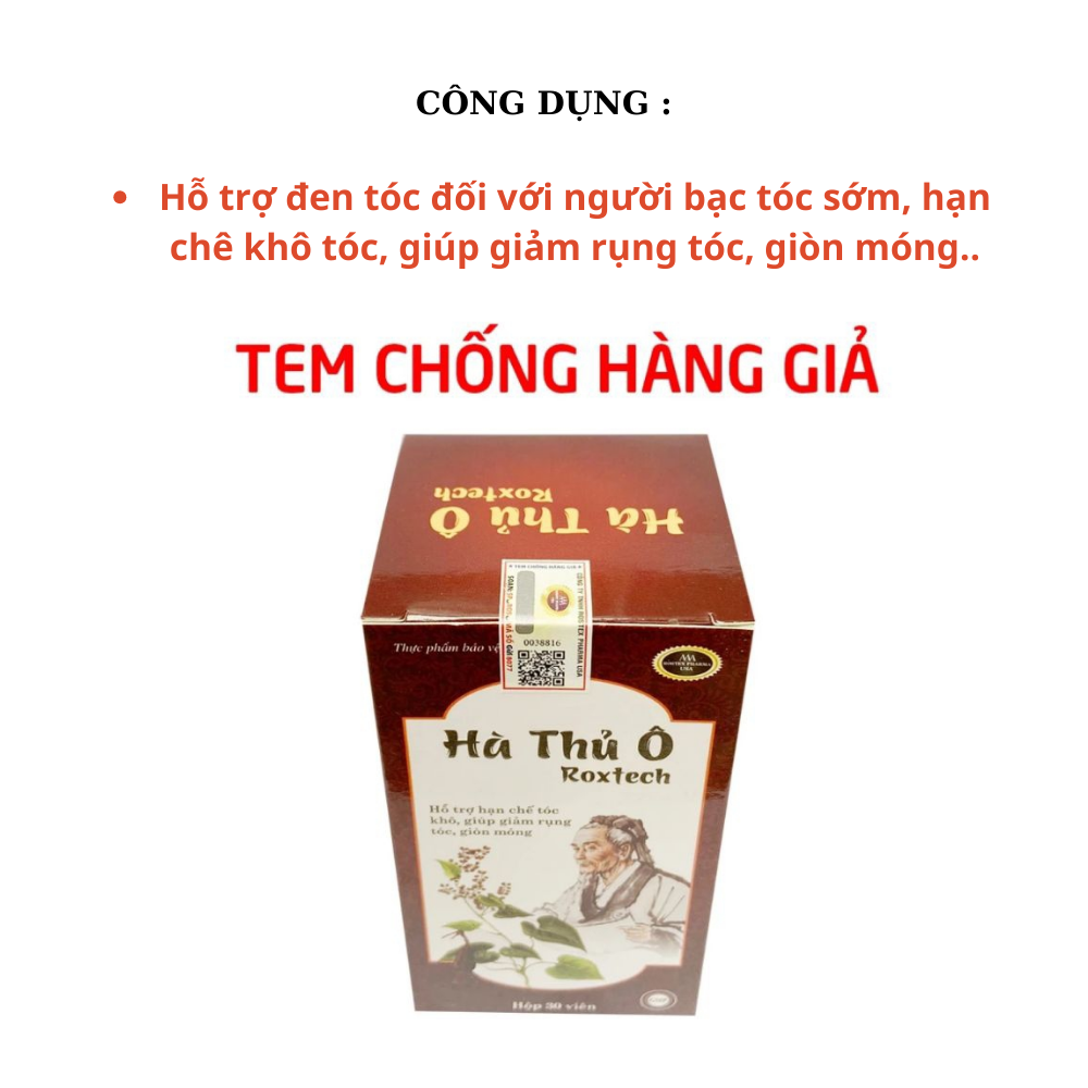 Hà thủ ô Roxtech giúp khỏe tóc, đen tóc, giảm bạc tóc, khô tóc, rụng tóc - Chai 30 viên