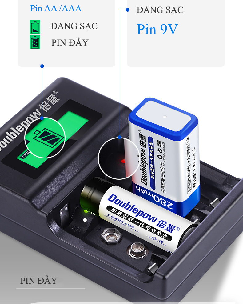 Bộ Sạc Pin AA / AAA / Pin 9V Đa Năng Doublepow UK95 1.2V