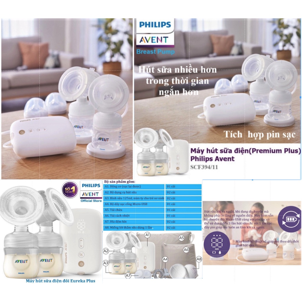 Máy hút sữa Avent Philips Eureka điện đôi  phiên bản Premium Plus SCF 394.11