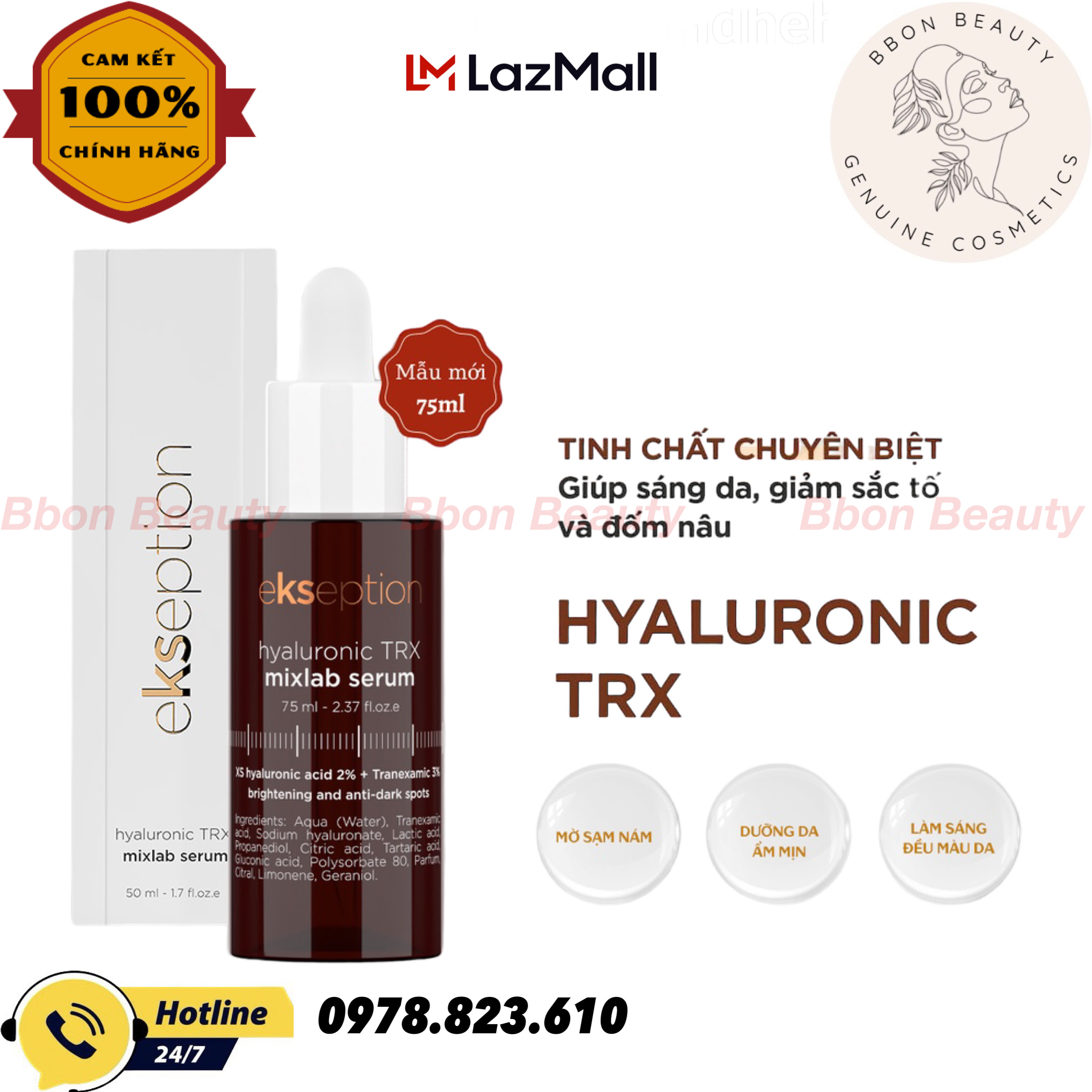 Tinh chất dưỡng ẩm, đều màu da, giảm đốm nâu, sắc tố ekseption hyaluronic trx mixlab 75ml - bbon beauty chính hãng